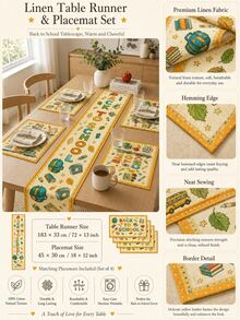 1pc-Back To School Table Runner And Placemats Set, Yellow Alphabet School Supplies Print Dining Decor, Farmhouse Kitchen Table Mats For Fall Classroom Party Home Decoration - Multicolor - View 2