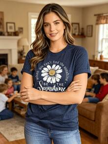 Women's Cotton Blend T Shirt  Short Sleeved Soft Loose Fit Daisy Print T Shirt With 'Be The Sunshine' Quote Lightweight Stretch Top Suitable - 藏蓝色 - 查看 4