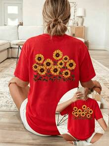 Women's Cotton T-Shirt, Round Neck, Short Sleeves, With Sunflower Print. Breathable, Comfortable, Casual And Bohemian Style, Ideal For Spring And Summer, Everyday Wear. - 紅色 - 查看 15
