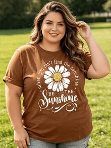 Women's Cotton Blend T Shirt  Short Sleeved Soft Loose Fit Daisy Print T Shirt With 'Be The Sunshine' Quote Lightweight Stretch Top Suitable - 摩卡棕 - 查看 5