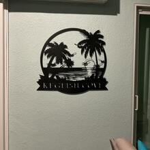 Personalized Palm Tree Beach Metal Sign, Round Coastal Sunset Custom Name Sign, Tropical Beach Home Decor Gift, Outdoor Backyard Wall Decor - Black - View 8