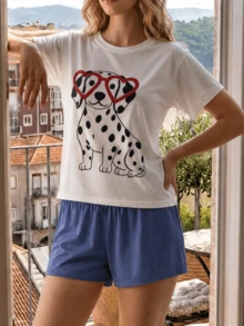 Conjunto Feminino com Top de Manga Curta, Gola Redonda, Estampa de Cachorro Pintado em Bottom Branco e Shorts de Cor Sólida - Branco - Visão 2