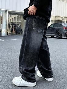 Tween Boys' 2026 New Straight Leg Denim Jeans, Autumn Long Pants - Black - View 2
