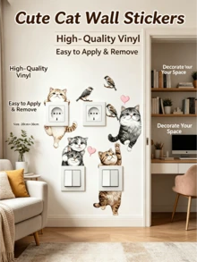 A Set Of Cartoon Probe Cute Cat Switch Socket Wall Stickers, Featuring Adorable Kittens, Little Birds, And Heart Patterns. Self-Adhesive And Removable PVC Stickers, Mix And Match Freely, DIY Decoration For Living Room And Bedroom Switch Panels. - ZC2508-30*30 - View 10