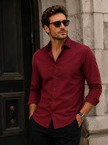 Camisa casual de manga larga de un solo pecho de unicolor para hombre - Burdeos - Ver 2