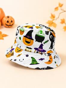 1pc Men's Reversible Halloween Print Bucket Hat, Black Lining, Pumpkin Ghost Bat Skull Pattern, Unisex Outdoor Party Sun Hat - Black - View 4