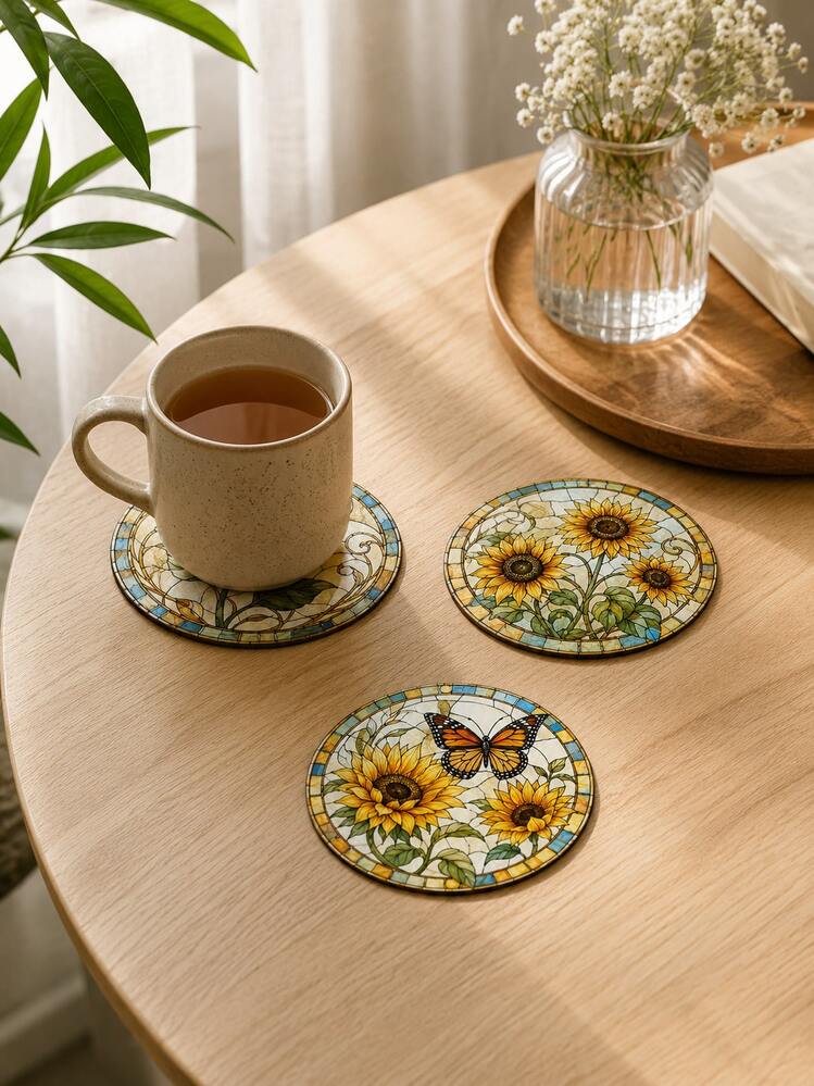 Sunflower Butterfly Coaster Set, Stained Glass Style Round Drink Coasters, Absorbent Non-Slip Cup Mats With Cork Base, Coffee Tea Table Protector, Summer Floral Home Decor, Kitchen Dining Desk Accessory, Nature Lover Housewarming Gift Decor - Multicolor - View 6