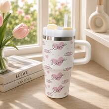 600ml Thermal Mug With Handle, Lid And Straw – Flower Print 1866-600ml - Beige 2 - View 2