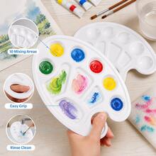 2er Set Weiße Kunststoff Farbpaletten mit Daumenloch und 10 Mischbereichen für Acryl Aquarell DIY Malerei - 2 weiße Kunststoffpaletten - Übersicht 5