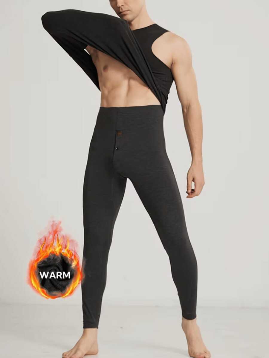 Men's Thermal Pants, Flannel Lined, Fleece-Lined Base, With Button - Black - View 1
