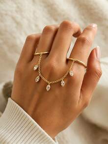 1pc European And American Fashion Water Drop Tassel Double Finger Connected Ring Chain, Creative Rhinestone Double Ring Connected Finger Ring Adjustable Open Ring Hand Jewelry - Gold - View 4