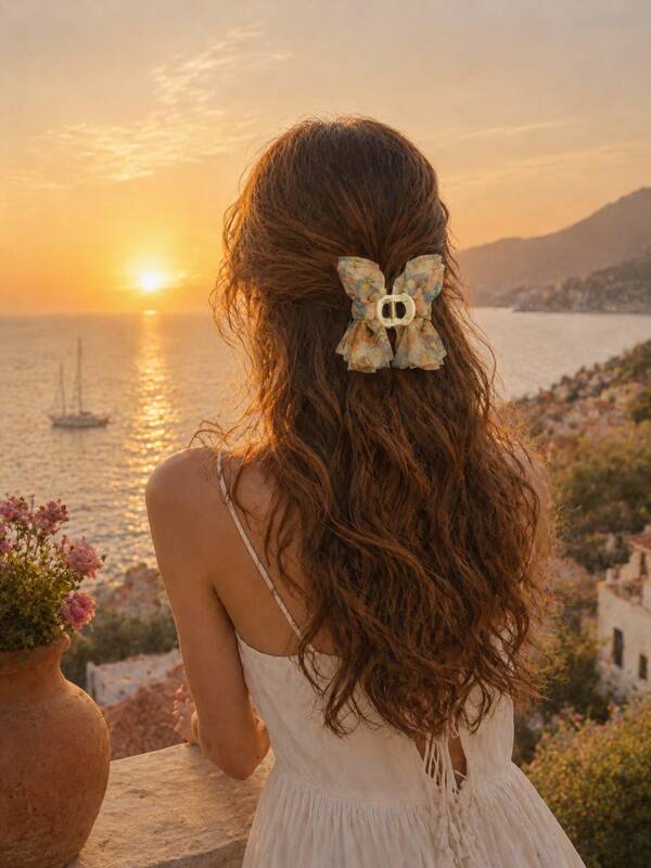 1pc Floral Chiffon Bow Hair Claw Clip For Women/Hair Accessories/Hair Accesoriesfor Women/Travel