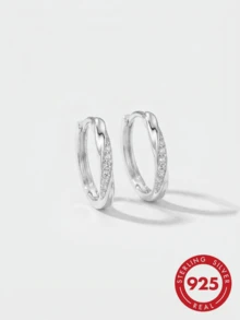 925 Sterling Silver Twisted Hoop Earrings With Zirconia Stones, 4 Color Options: Gold/Silver, Purple/Clear, Pink Zirconia, Hypoallergenic Minimalist Style Jewelry For Women, Gift Box Included - White Gold - View 2