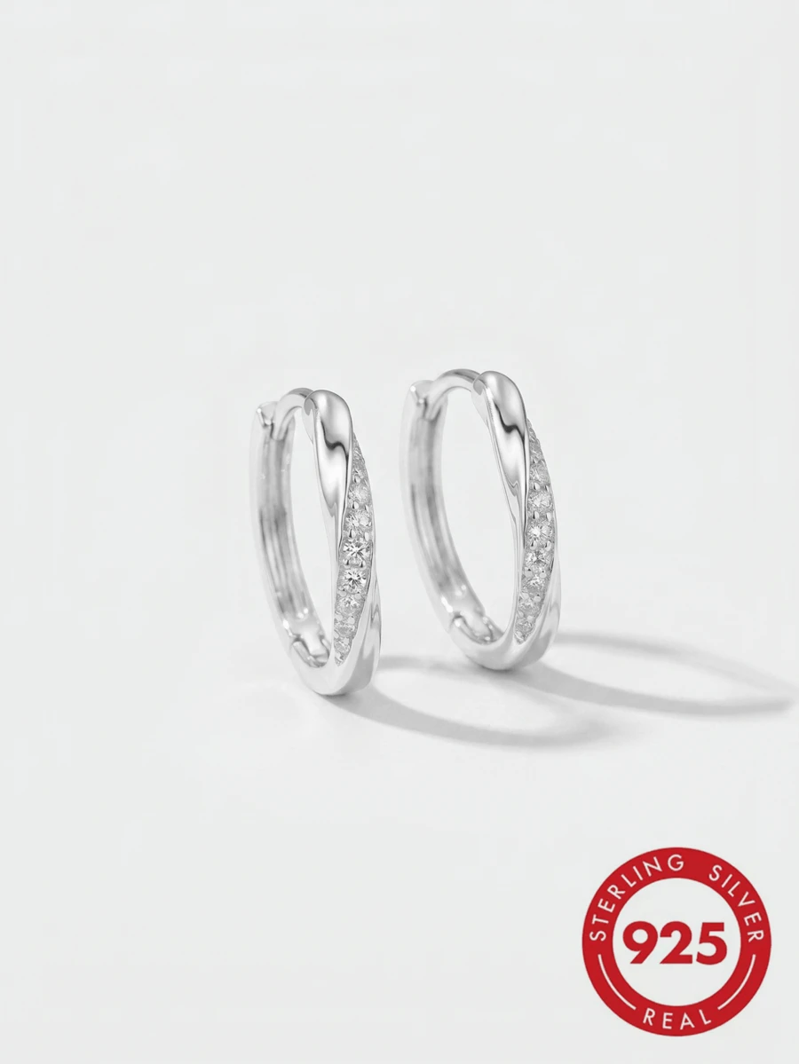 925 Sterling Silver Twisted Hoop Earrings With Zirconia Stones, 4 Color Options: Gold/Silver, Purple/Clear, Pink Zirconia, Hypoallergenic Minimalist Style Jewelry For Women, Gift Box Included