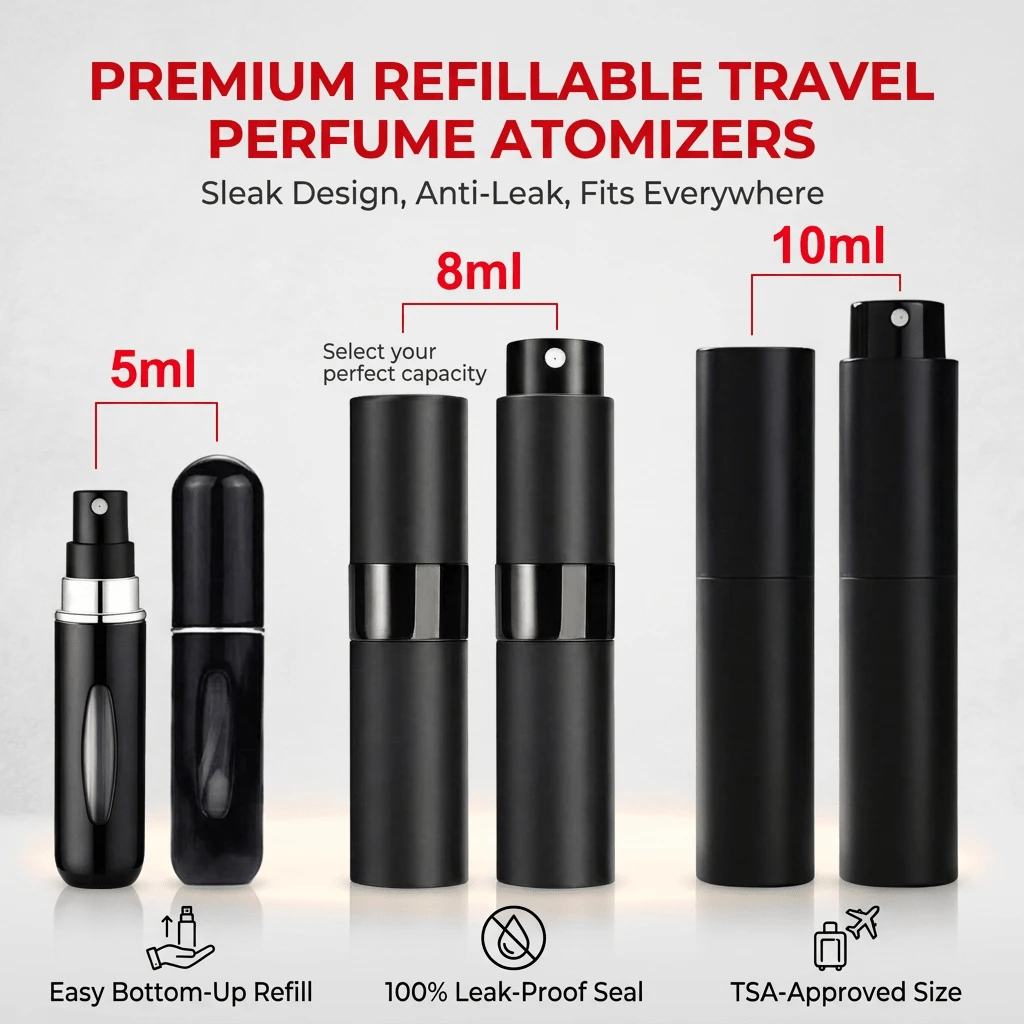 3件/2件 10ml/8ml/5ml 噴霧香水瓶，旅行尺寸空香水補充瓶，便攜式噴霧器，男女旅行必備