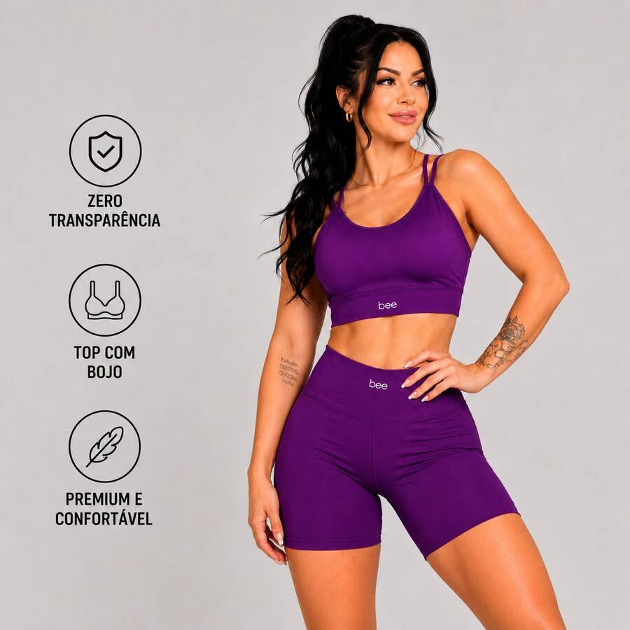 Bee Fitness Set, Workout Top With Padded Cups, High Waist, Gym, Zero Transparency - Purple - View 1