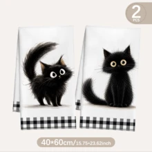 MEMNUN 2pcs Black & White Plaid Fluffy Black Cat Cartoon Long Hair Cat Print Kitchen Towels Dish Towels 40*60cm/45*70cm Super Soft Microfiber Modern Dish Cloths, Hand Towels, Home Decor, Kitchen Decor Cooking Baking Tea Towels Hand Towels Kitchen Accessories Machine Washable Cleaning Supplies Suitable For Restaurant Kitchen Holiday Decoration And Gifts All Seasons - Multicolor - View 2