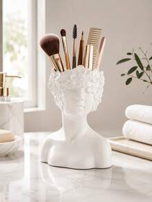 French Style Glossy White Floral Relief Bust Resin Storage Box, Multi-Functional Makeup Brush Holder, Pen Holder And Dried Flower Vase, Vanity Decor, Artistic Birthday Gift For Her - Face Storage - View 8