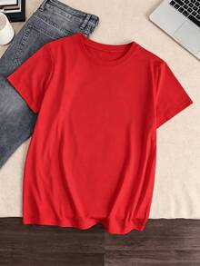 Women's Cotton T-Shirt, Round Neck, Short Sleeves, With Sunflower Print. Breathable, Comfortable, Casual And Bohemian Style, Ideal For Spring And Summer, Everyday Wear. - 紅色 - 查看 5