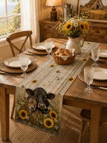 1pc Country Farm Sunflower Cow Table Runner, Pastoral Style, Spring/Summer Home Kitchen Decor, 1pc Table Runner, 4pcs Placemats, 1pc Pillow Case, Table Runner & Placemat Set, Multiple Product Combinations Available, Home Decor Indoor/Outdoor Party Supplies, Room Decor. Suitable For Spring/Summer Home Kitchen Decor And Party Decor - Multicolor - View 3