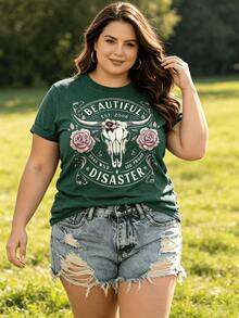 Vintage Bull Skull Pattern T-Shirt - Exquisite Printing, Women's Casual Fashion,  Streetwear, Soft Cotton Blended T-Shirt - 墨綠色 - 查看 5