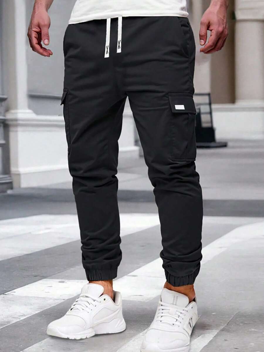 1 pièce Pantalon cargo simple à lacets devant avec poches pour adolescents garçons, en polyester, style léger, pour le port quotidien décontracté, printemps, été & automne, polyester léger