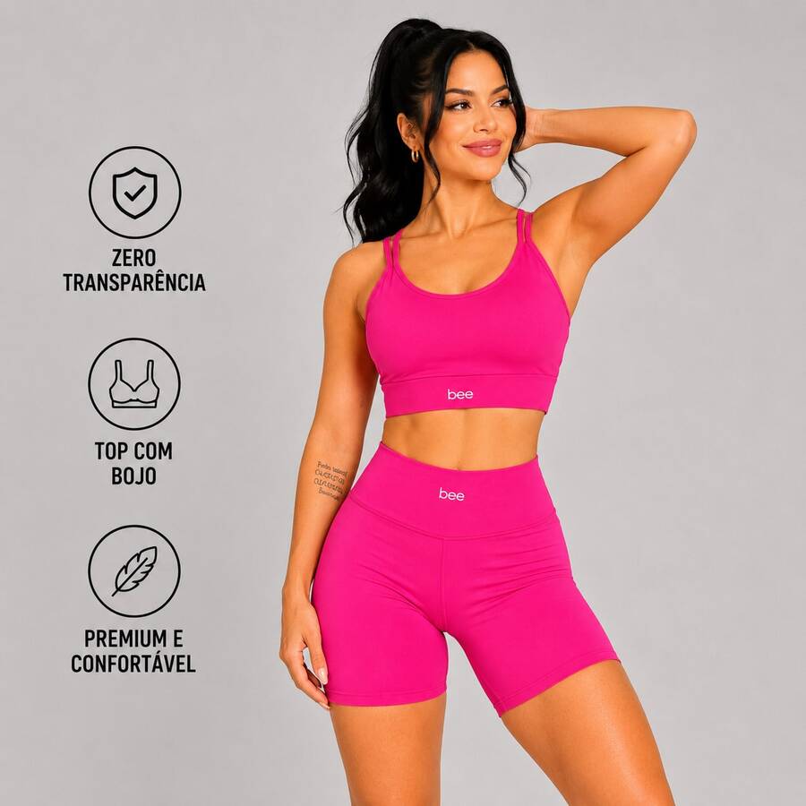 Bee Fitness Set, Workout Top With Padded Cups, High Waist, Gym, Zero Transparency - Hot Pink - View 1