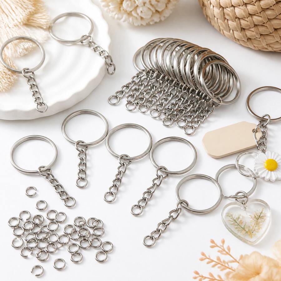 Metall Schlüsselring Set Mit Ketten Und Offenen Binderingen, Mehrfachpack In Schwarz Oder Weiß Für DIY Schlüsselanhänger, Taschenanhänger, Handy Anhänger Und Schmuck Bastelprojekte Mit Klarer Geschenk - 30 Weiß - Übersicht 1