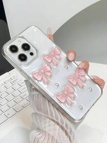 Shiny Ice-Transparent Pink Bow & Pearl Design Transparent Epoxy Resin Phone Case, Compatible With IPhone 17/17Air/17Pro/17ProMax/16/15/14/13/12/11/X/XS/XR/Mini/Pro Max/Pro/Plus, TPU Soft Shell - Pink - View 4