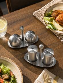 1 Set Stainless Steel Seasoning Jar Set, Salt And Pepper Shakers, Spherical And Waist Design, Silver Minimalist High-End Style, Suitable For Kitchen, Dining Room And Home Use - Silver - View 2