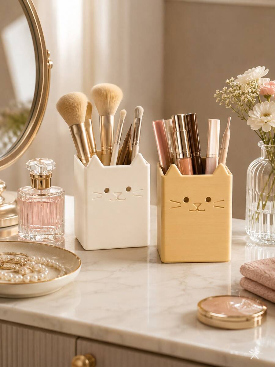 1pc Cute Cat Makeup Brush Holder, Desktop Cosmetic Storage Cup, Suitable For Makeup Brushes, Lipsticks, Eyebrow Pencils, Cute Vanity Storage Box, Makeup Bag Storage, Drawer Storage, Perfect Gift For Women - Multicolor - View 1