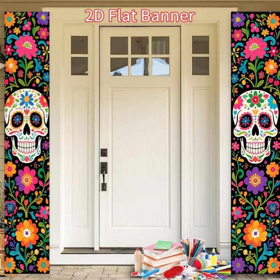 2D Planar Party Banner Set Of 1, Made Of Polyester, Featuring A Double-Layer Design With Sugar Skulls And Marigold Elements For Day Of The Dead Decoration, Suitable For Wall Hanging, No Power Supply Required