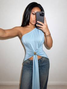 SEDA Atasan Tank Panjang Wanita Model Satu Bahu Polos dengan Detail Lipatan di Bagian Depan, Bahan Poliester, Cocok untuk Musim Panas - Baby Blue - View 5