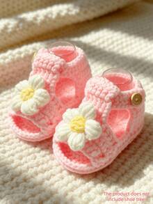 1 Pair Infant Sandals, White Crochet, Floral Decor, Slip-On Soft Sole - Baby Pink - View 1