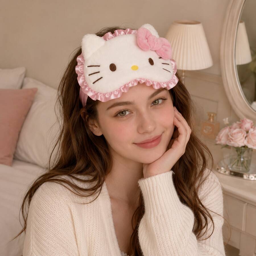 Miniso Sanrio Hello Kitty Plush Sleep Eye Mask, 3D Bow Satin Ruffle Edge Soft Blackout Eye Cover For Sleep Travel & Nap. Ideal For Halloween Rest, Thanksgiving Getaway, Christmas Gift, Cute Kawaii Sleep Accessory For Girls. - Eye Mask - View 1