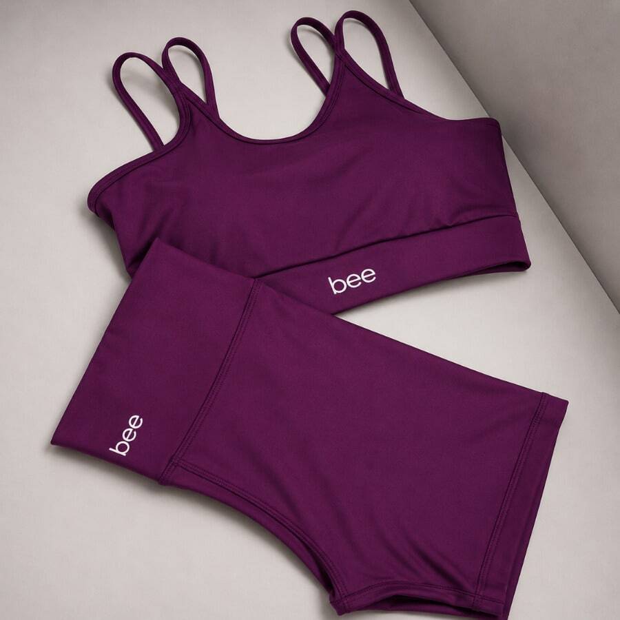 Fitness Set: Gym Shorts, Cropped Top, Bee Zero, Transparency, Comfortable - Purple - View 1