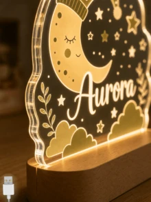 Luz nocturna LED con nombre personalizado, diseño de luna y estrellas dormilonas, lámpara de decoración del hogar personalizada - Multicolor - Ver 7