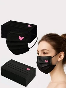 10/20/30pcs Cute Pink Heart Pattern Masks - Elastic Breathable Black Masks, Suitable For Women And Teens, Hand Washable, Fashionable Daily Accessory, Fun Design, Comfortable To Wear - Black - View 12