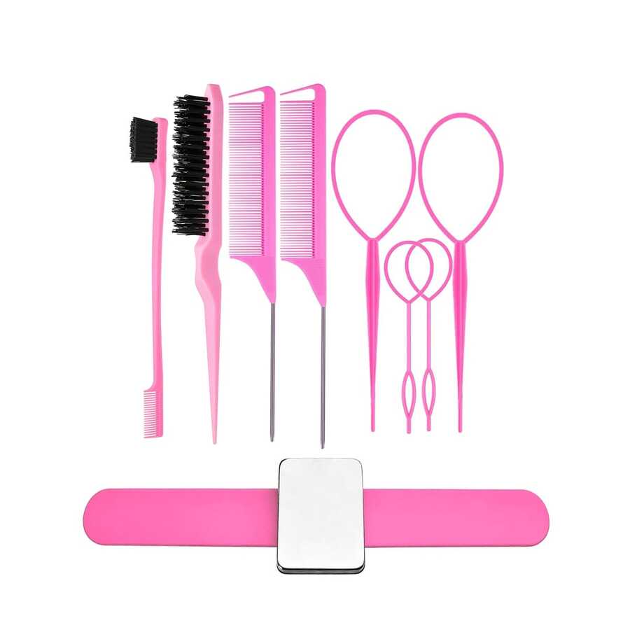 8Pcs Hair Styling Tools Set + 1Pc Magnetic Silicone Wristband, Hair Brushes, Topsy Tail Tools, Teasing Brush, Edge Brush, Rat Tail Combs, Magnetic Wrist Band For Holding Hairpins Clips, Salon Barber Accessories For Women Girls - Multicolor - View 1