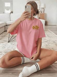 Women's Cotton T-Shirt, Round Neck, Short Sleeves, With Sunflower Print. Breathable, Comfortable, Casual And Bohemian Style, Ideal For Spring And Summer, Everyday Wear. - 粉色 - 查看 3