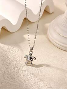 1pc Summer Ocean Style Sea Turtle Pendant Necklace, Silver Stainless Steel Chain, Vacation Style Accessory, Beach Trip Daily Gift - How Much 1 - View 1
