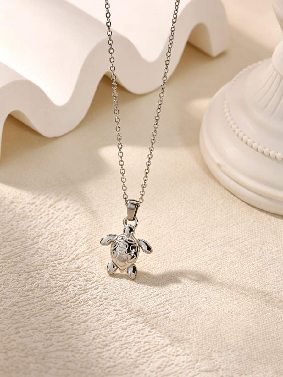 1pc Summer Ocean Style Sea Turtle Pendant Necklace, Silver Stainless Steel Chain, Vacation Style Accessory, Beach Trip Daily Gift - How Much 1 - View 1