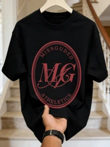 Herren Sommer Lässig Weich Rundhals Kurzarm-Shirt, Missguded Athletics Muster Grafik Alltagskleidung. - Schwarz - Übersicht 4