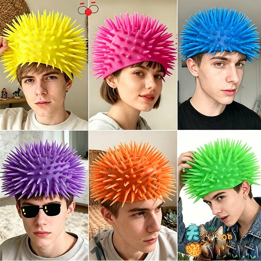 Colorful TPR Spiky Hedgehog Hat Fun Prank Headband Sensory Massage Fidget Toy Halloween Carnival Party Photo Props Adult Fake Spiky Wig Hat, Halloween Christmas Party Role-Playing Costume Props - Multicolor - View 1