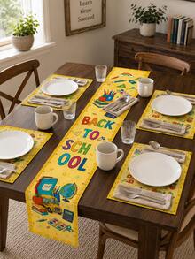 1 pieza - Camino de mesa de temporada escolar con manteles individuales a juego, decoración de mesa con estampado de libros, manzana y autobús amarillo brillante, juego de comedor de vuelta al colegio para cocina, aula y fiesta - Multicolor - Ver 8