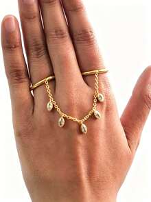1pc European And American Fashion Water Drop Tassel Double Finger Connected Ring Chain, Creative Rhinestone Double Ring Connected Finger Ring Adjustable Open Ring Hand Jewelry - Gold - View 2