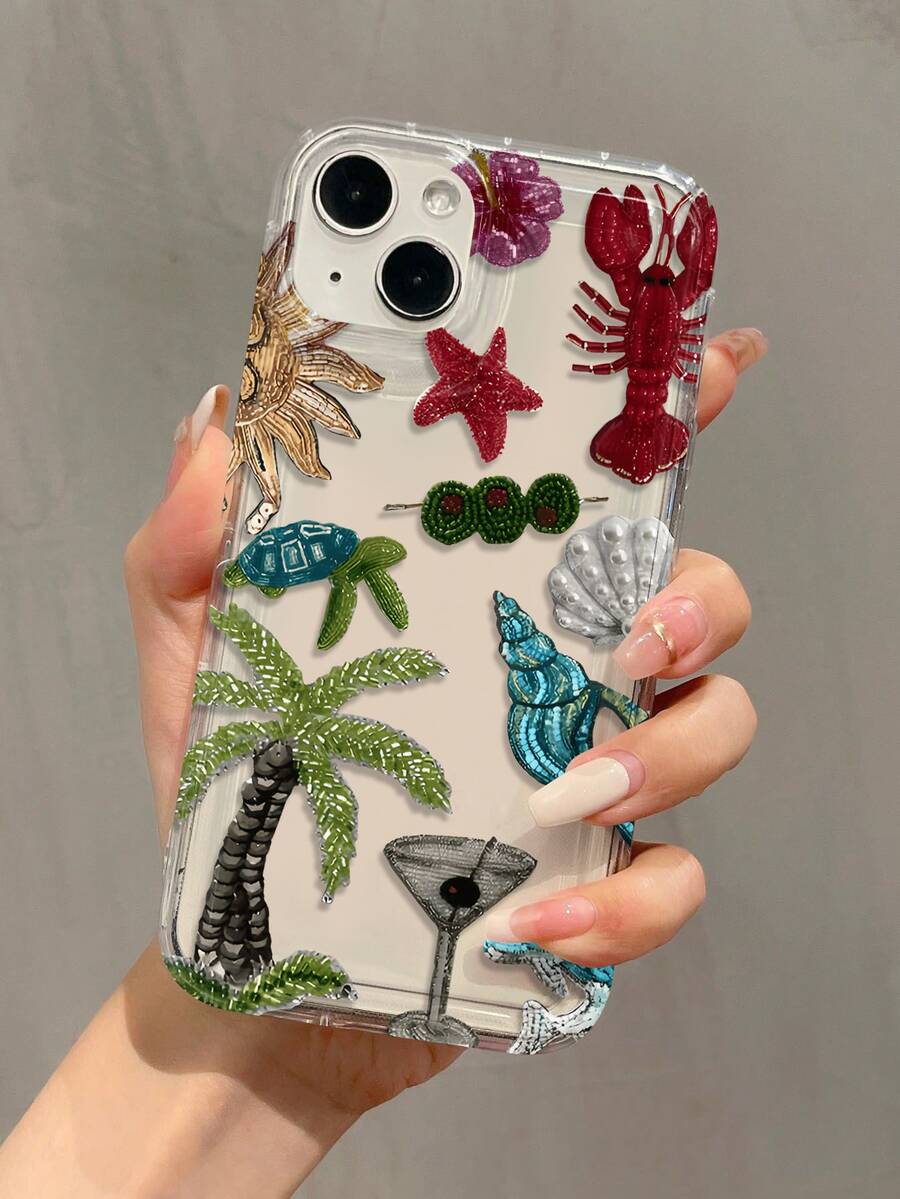 1個氣墊珠飾刺繡龍蝦島極簡個性化TPU防震全包手機殼，適用於Apple 17 16 15 14 13 12 11 Pro Max Air 及系列