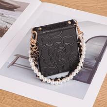 Luxurious Embossed Carved Embossed Floral Pattern Faux Leather Folding Phone Case With Hinge Protection Strap 1pc Faux Leather Pearl Floral Bracelet Phone Lanyard Compatible With Samsung Galaxy Z Flip 8/7/7FE/6/5/4 5G Foldable Phone Protective Cover - White - View 3