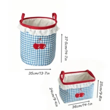 Blue And White Plaid Cherry Embroidered Storage Basket With Lace Trim, Handheld Laundry And Miscellaneous Organizer Bin - Multicolor - View 2
