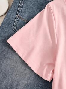 Women's Cotton T-Shirt, Round Neck, Short Sleeves, With Sunflower Print. Breathable, Comfortable, Casual And Bohemian Style, Ideal For Spring And Summer, Everyday Wear. - 粉色 - 查看 5